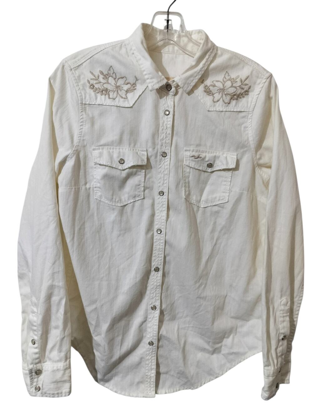 6012)Vtg Hollister Woman White Floral Embroidery Western Pearl Button Shirt L